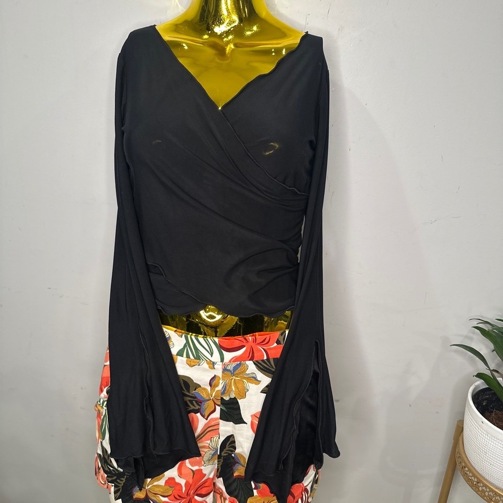 Vintage 90s Goth Witchy Black Long Sleeve Milkmaid Top Bell Lettuce Sleeve SMALL